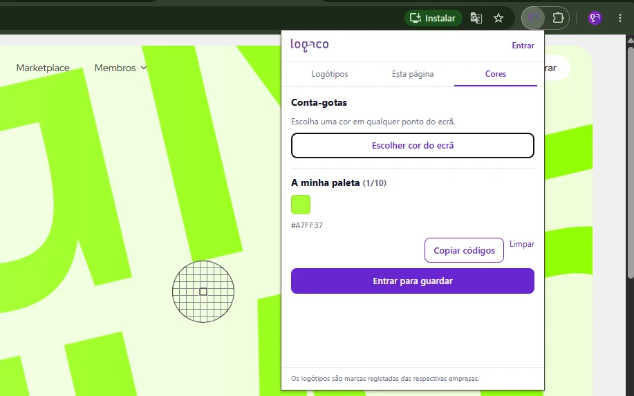 Separador Cores da extensão com o botão do conta-gotas e a paleta em curso com cinco cores