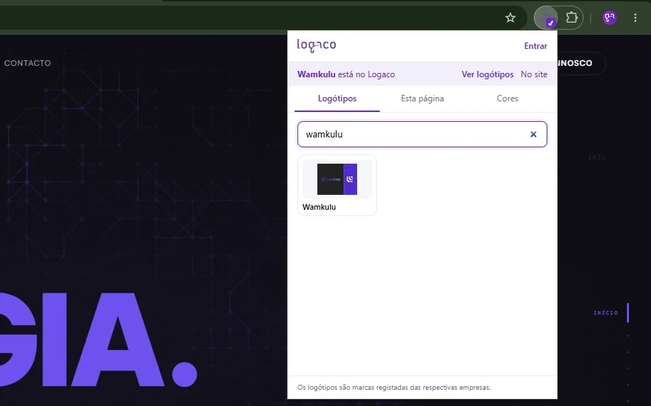 Extensão do Logaco com uma empresa aberta, a pré-visualização do logótipo e os botões Copiar SVG, Copiar PNG e Descarregar
