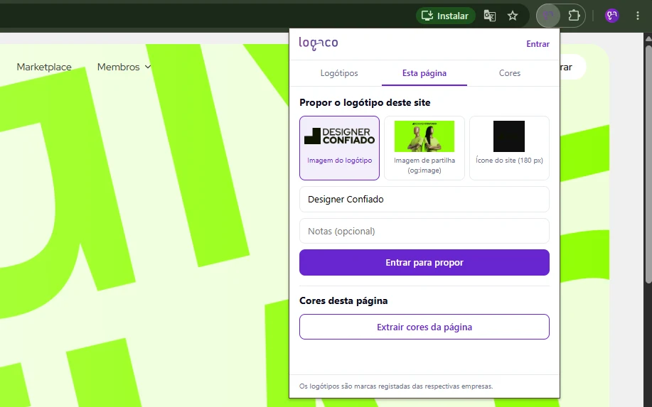 Separador Esta página da extensão com os logótipos encontrados no site, o campo Empresa, as notas e o botão Enviar proposta