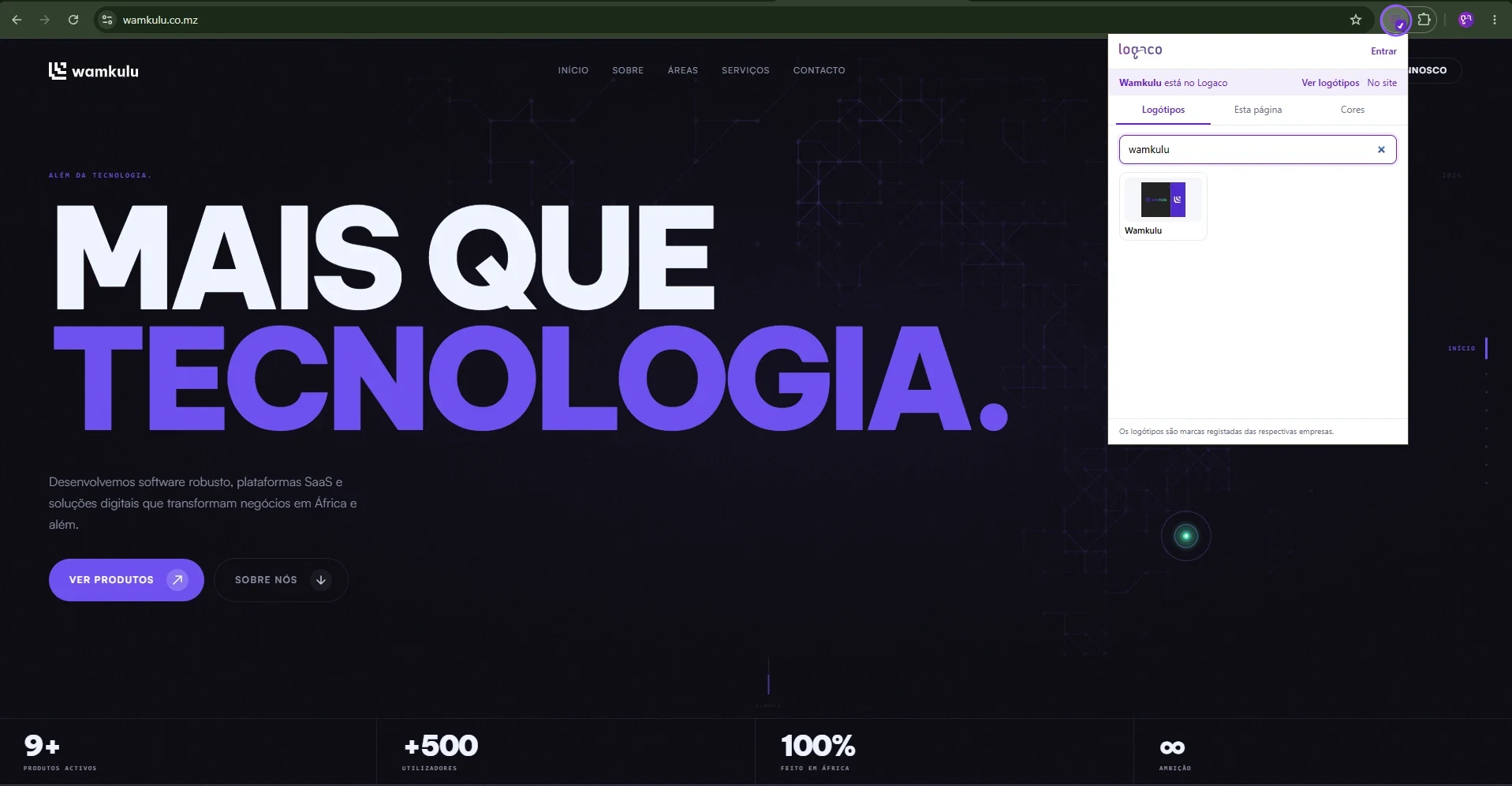 Janela da extensão do Logaco aberta sobre um site, com o aviso de que a empresa está no Logaco e o separador Logótipos
