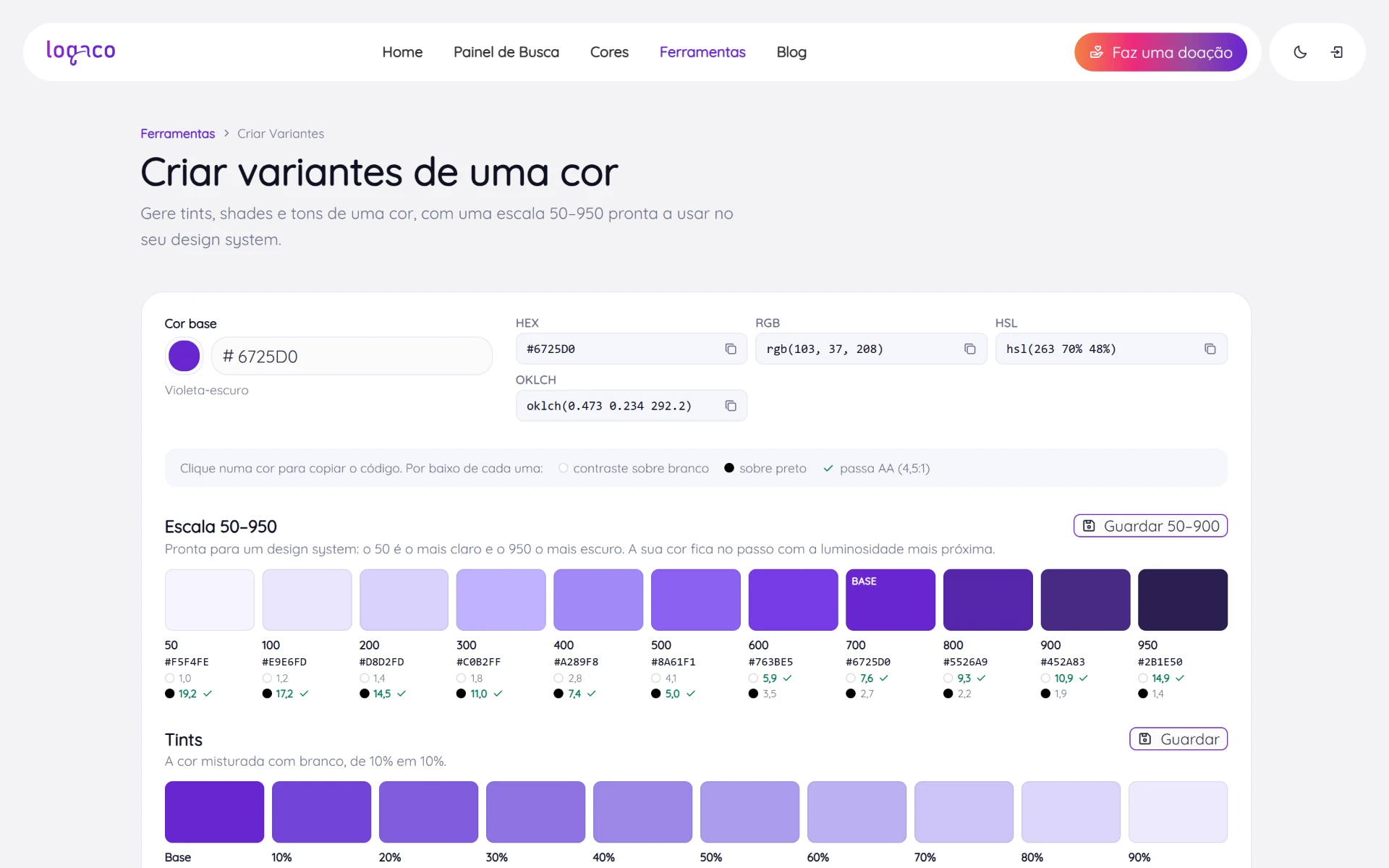Criar variantes com a cor base #6725D0, os códigos HEX, RGB, HSL e OKLCH, a escala 50 a 950 com o contraste de cada passo e o início dos tints