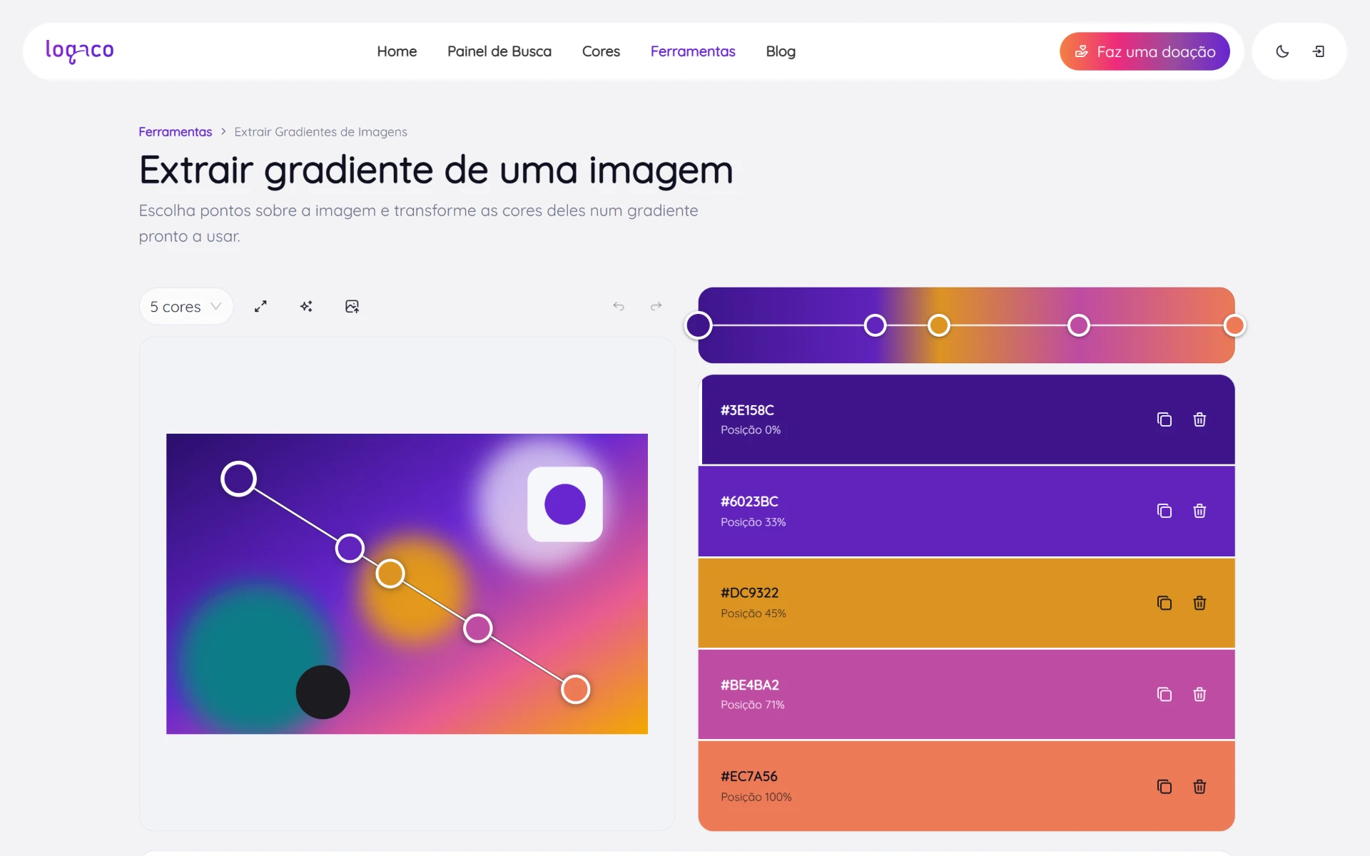 Imagem de exemplo com cinco pontos ligados por uma linha, a barra do gradiente com as posições de cada cor e a lista das cores