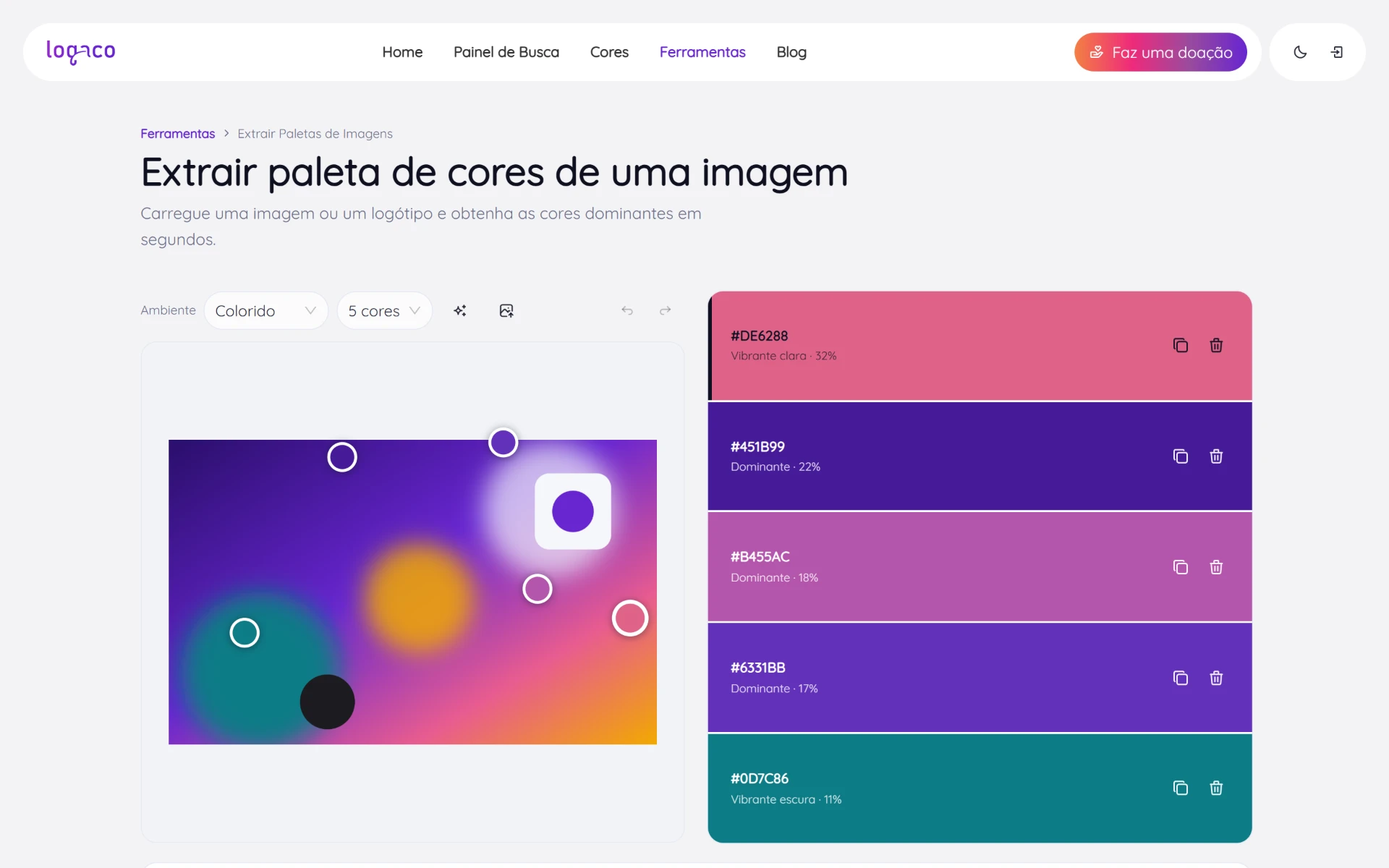 Imagem de exemplo com cinco pontos de cor por cima e, ao lado, as cinco cores extraídas, com o papel e a percentagem de cada uma