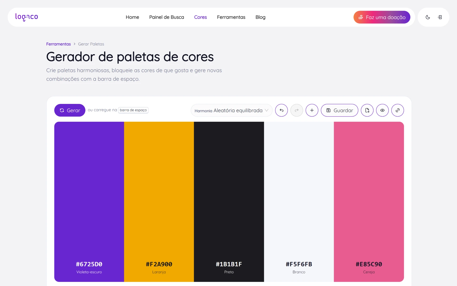 Gerador de paletas com cinco faixas de cor lado a lado, o código e o nome de cada uma, o botão Gerar, o menu Harmonia e os botões Guardar, exportar e partilhar