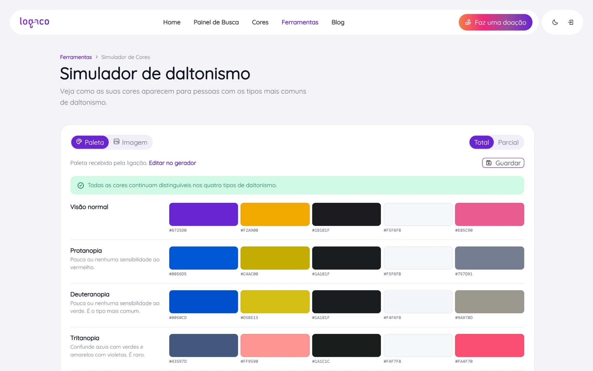 Simulador com uma paleta de cinco cores em visão normal e, por baixo, a mesma paleta como a vê uma pessoa com protanopia, deuteranopia e tritanopia