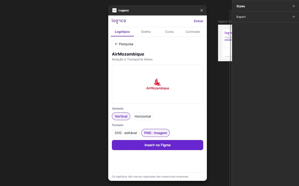 Plugin do Logaco com uma empresa aberta: os logótipos Actual e antigos, a pré-visualização, as variantes, o formato SVG editável e o botão Inserir no Figma
