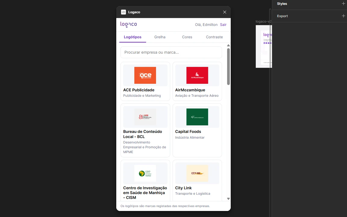 Plugin do Logaco aberto no Figma, no separador Logótipos, com a pesquisa de empresas e os resultados em cartões