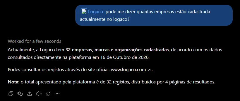 Conversa no ChatGPT com o Logaco escolhido com @, a responder com logótipos encontrados