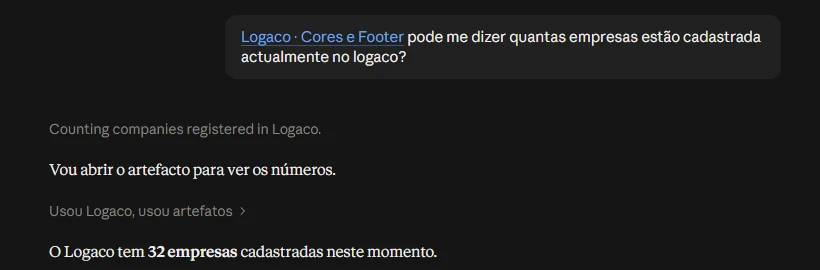 Conversa no Claude com o conector do Logaco activo, a pesquisar um logótipo e a responder com a ligação para o SVG